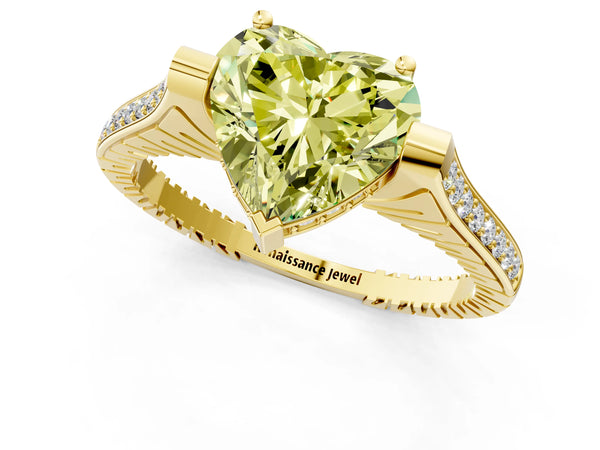 Yellow gold Fancy Yellow Heart  Solitaire Diamond Ring with Channel Set Band and Bezel Prong Setting