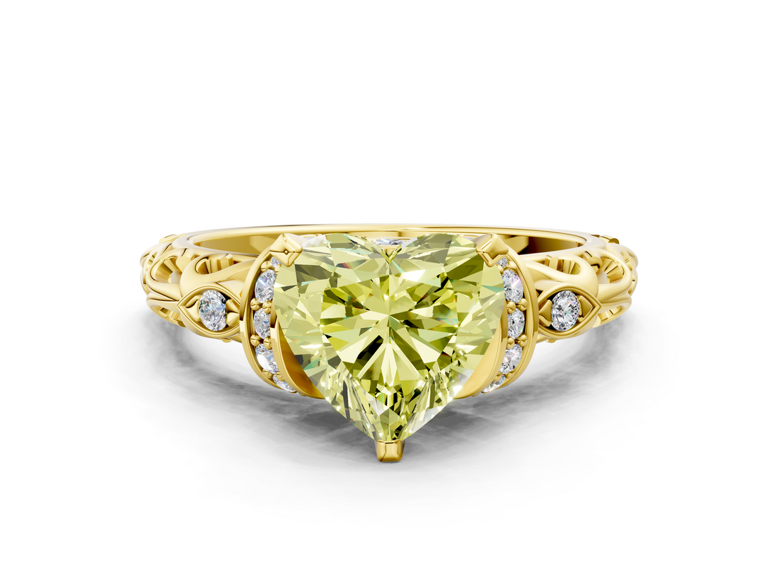 Yellow gold Fancy Yellow Heart  Solitaire Diamond Ring with Filigree Band and Four-Prong Setting_25