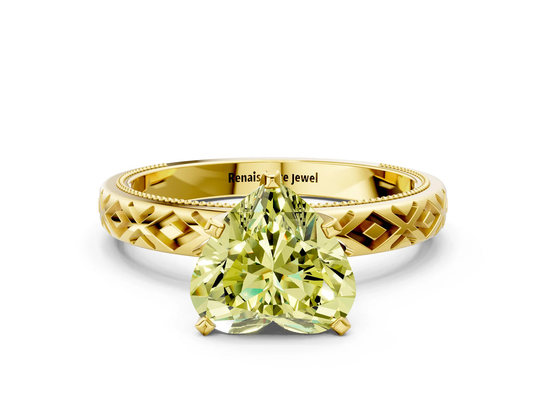 Yellow gold Fancy Yellow Heart  Solitaire Diamond Ring with Milgrain and Black Enamel X Pattern Band_84