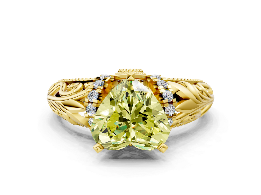 Yellow gold Fancy Yellow Heart  Solitaire Filigree Engagement Ring with Halo and Prong Setting_91