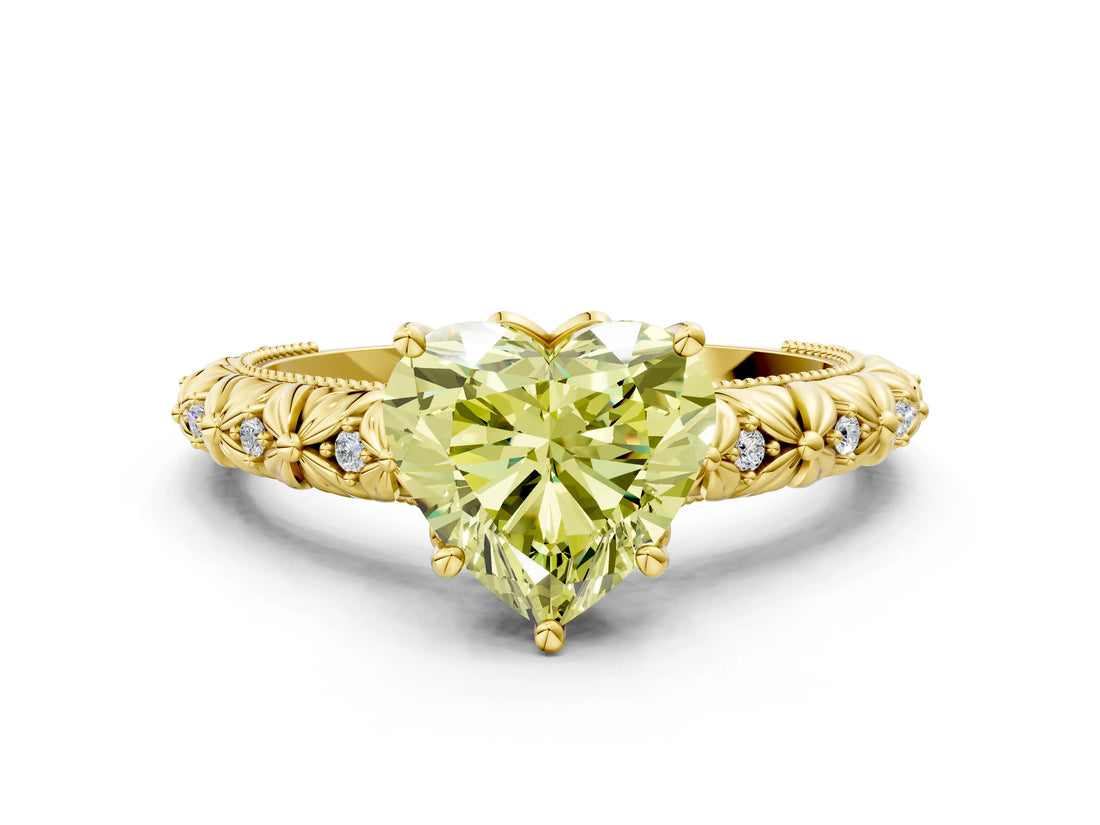 Yellow gold Fancy Yellow Heart  Solitaire Floral Milgrain Engagement Ring_31