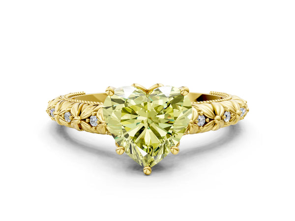 Yellow gold Fancy Yellow Heart  Solitaire Floral Milgrain Engagement Ring