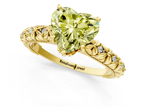 Yellow gold Fancy Yellow Heart  Solitaire Floral Milgrain Engagement Ring