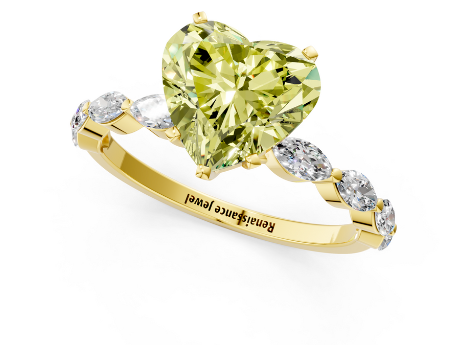 Yellow gold Fancy Yellow Heart Cut Diamond Ring with Marquise Side Stones and Prong Setting