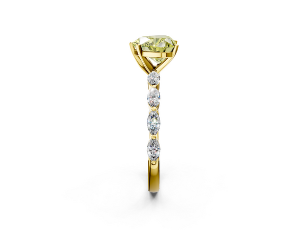 Yellow gold Fancy Yellow Heart Cut Diamond Ring with Marquise Side Stones and Prong Setting