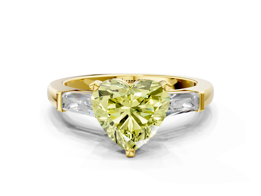 Yellow gold Fancy Yellow Heart  Solitaire with Tapered Baguette Side Stones on a Classic Band with Four-Prong Setting_59