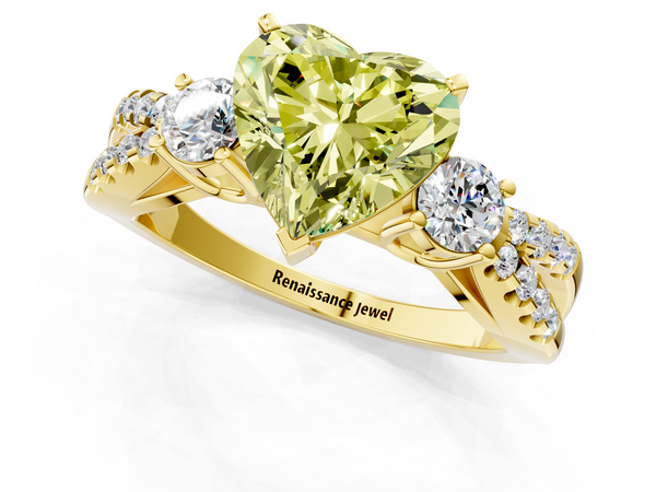 Yellow gold Fancy Yellow Heart Cut Diamond Three-Stone Ring with Pavé Split Shank and Four-Prong Setting