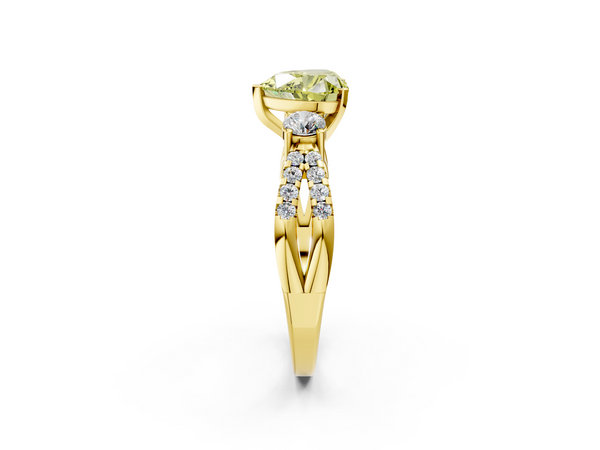 Yellow gold Fancy Yellow Heart Cut Diamond Three-Stone Ring with Pavé Split Shank and Four-Prong Setting