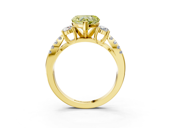 Yellow gold Fancy Yellow Heart Cut Diamond Three-Stone Ring with Pavé Split Shank and Four-Prong Setting