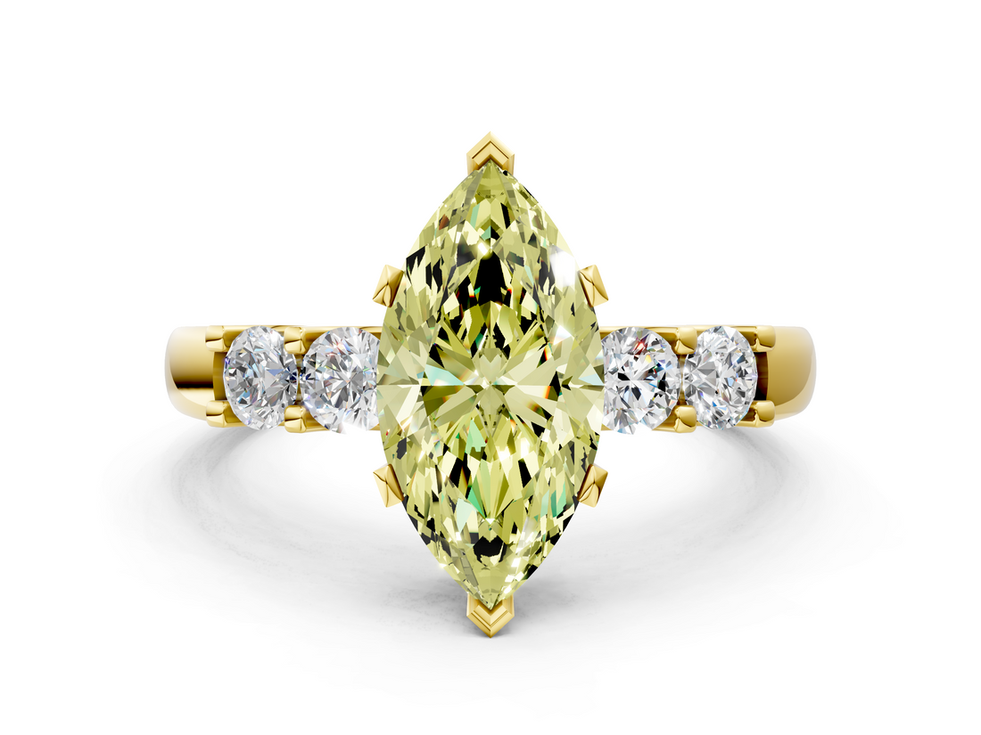 Yellow gold Fancy Yellow Marquise  Brilliant Cut Diamond Five-Stone Prong Set Engagement Ring with Channel Band