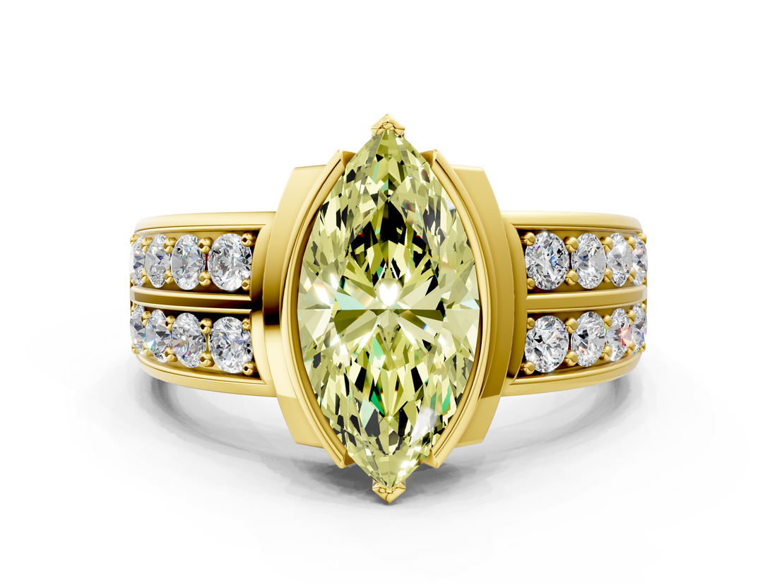 Yellow gold Fancy Yellow Marquise  Brilliant Diamond Channel Set Wide Band Ring with Bezel Setting