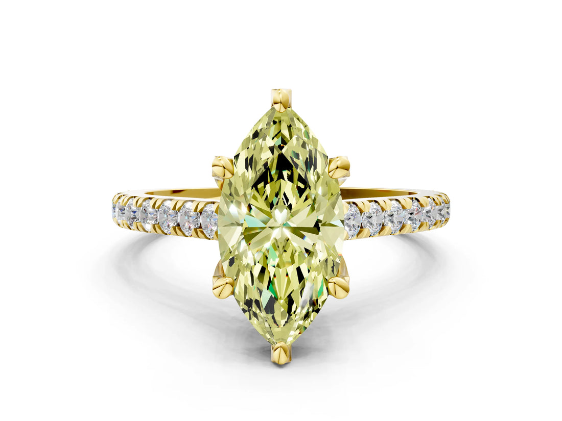 Yellow gold Fancy Yellow Marquise  Brilliant Diamond Solitaire with Pavé Band and Four-Prong Setting