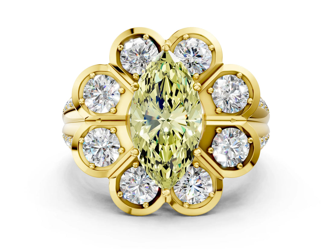 Yellow gold Fancy Yellow Marquise  Brilliant Flower Halo Diamond Split Shank Ring_87