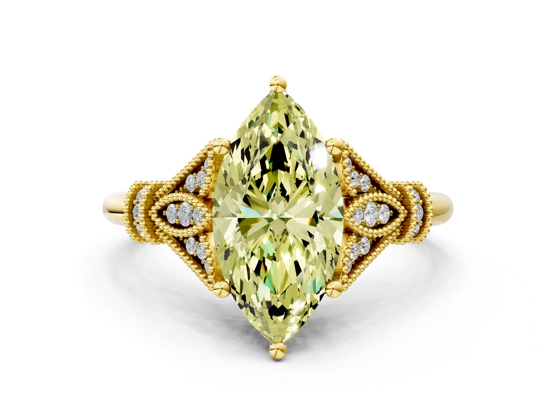Yellow gold Fancy Yellow Marquise  Brilliant Solitaire with Pave Band and Four-Prong Setting