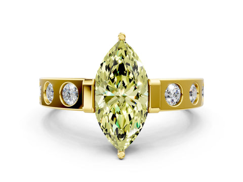 Yellow gold Fancy Yellow Marquise Cut Brilliant Channel-Set Diamond Ring with Bezel Prong Setting