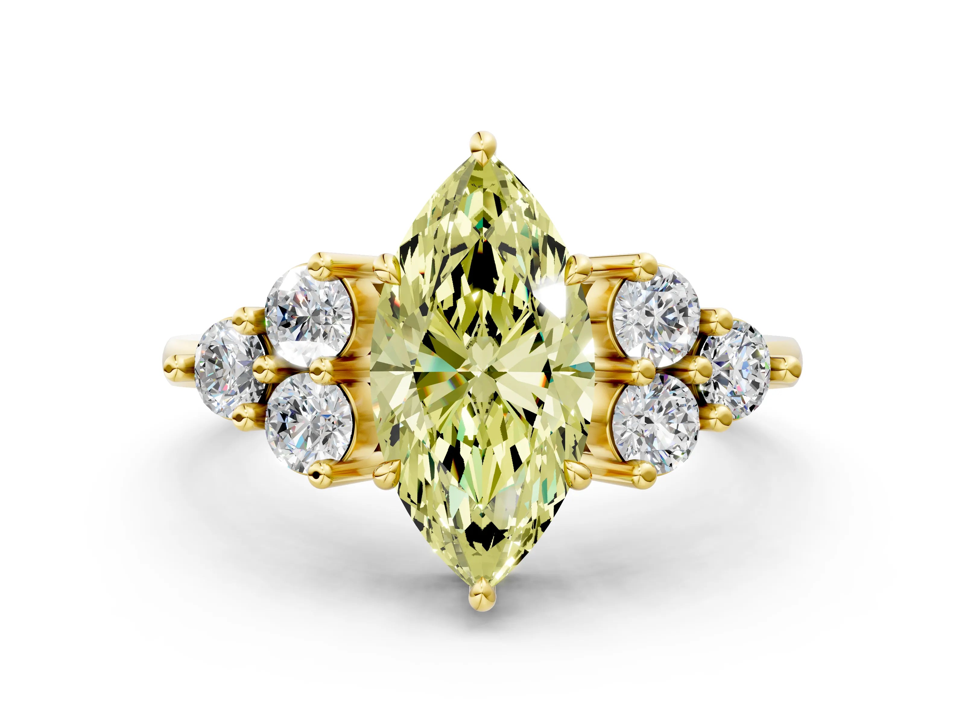 Yellow gold Fancy Yellow Marquise Cut Brilliant Diamond Cluster Accent Solitaire Ring with Prong Setting