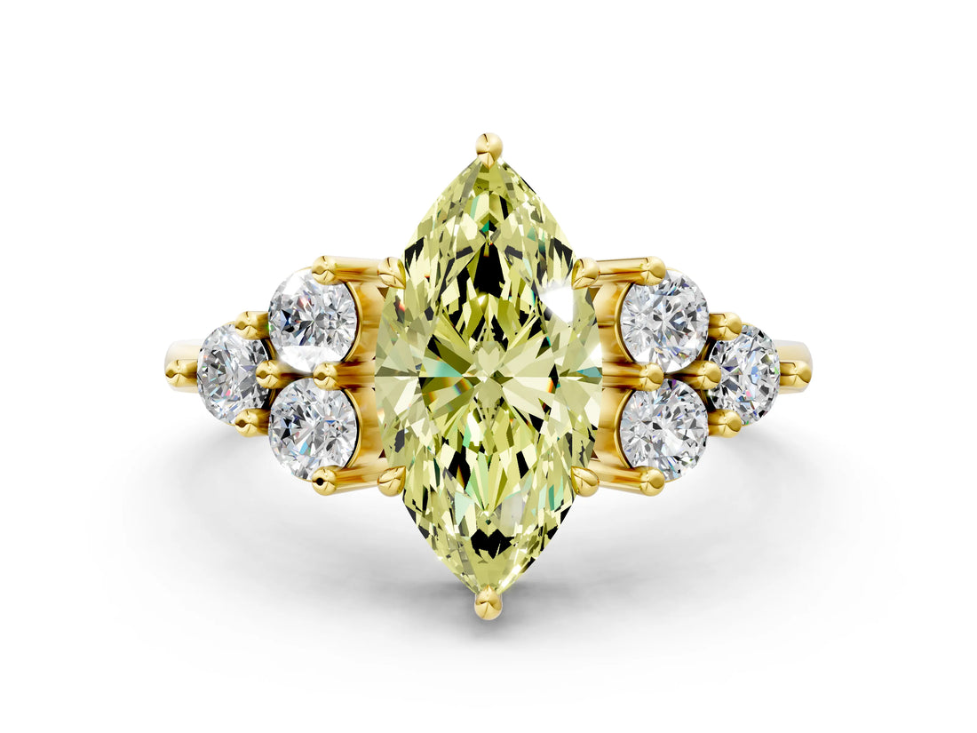 Yellow gold Fancy Yellow Marquise Cut Brilliant Diamond Cluster Accent Solitaire Ring with Prong Setting