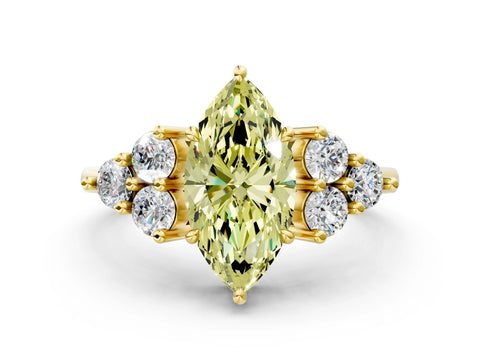 Yellow gold Fancy Yellow Marquise Cut Brilliant Diamond Cluster Accent Solitaire Ring with Prong Setting