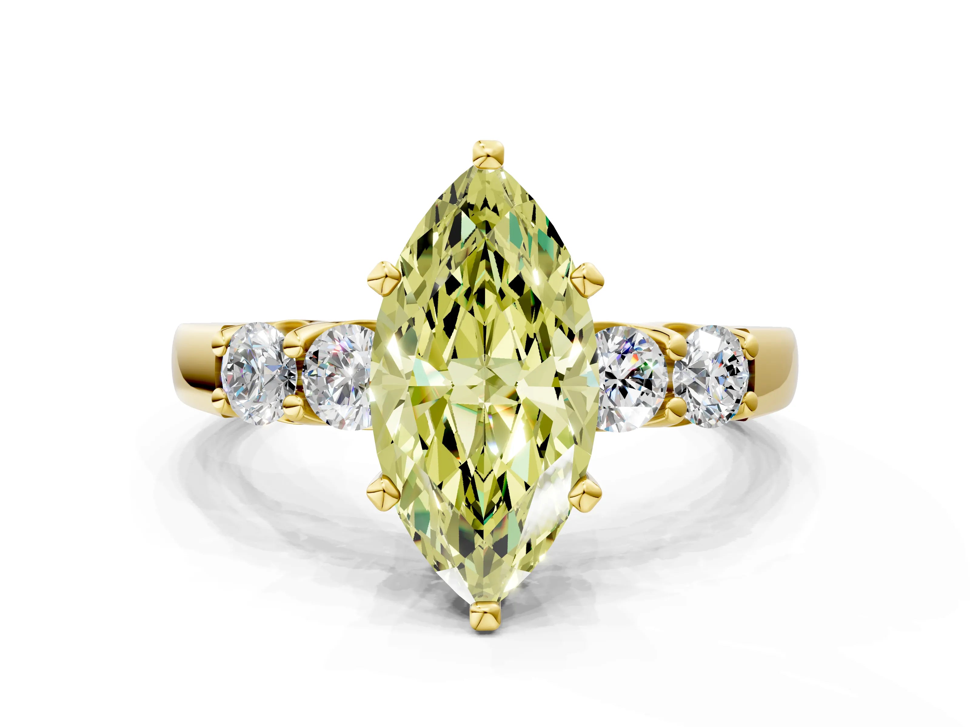 Yellow gold Fancy Yellow Marquise Cut Brilliant Diamond Five-Stone Engagement Ring with Prong Setting on a Classic Band_3