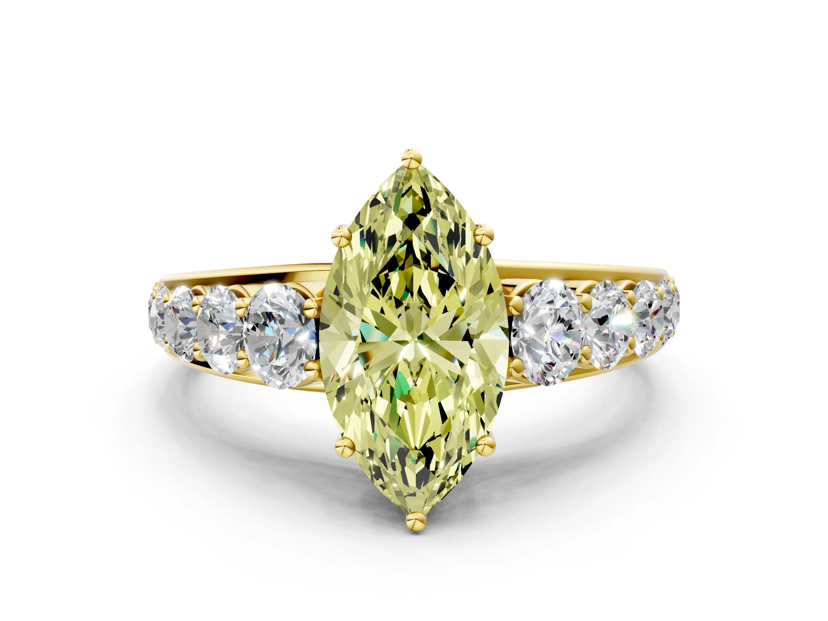 Yellow gold Fancy Yellow Marquise Cut Brilliant Diamond Pavé Band with Six-Prong Setting