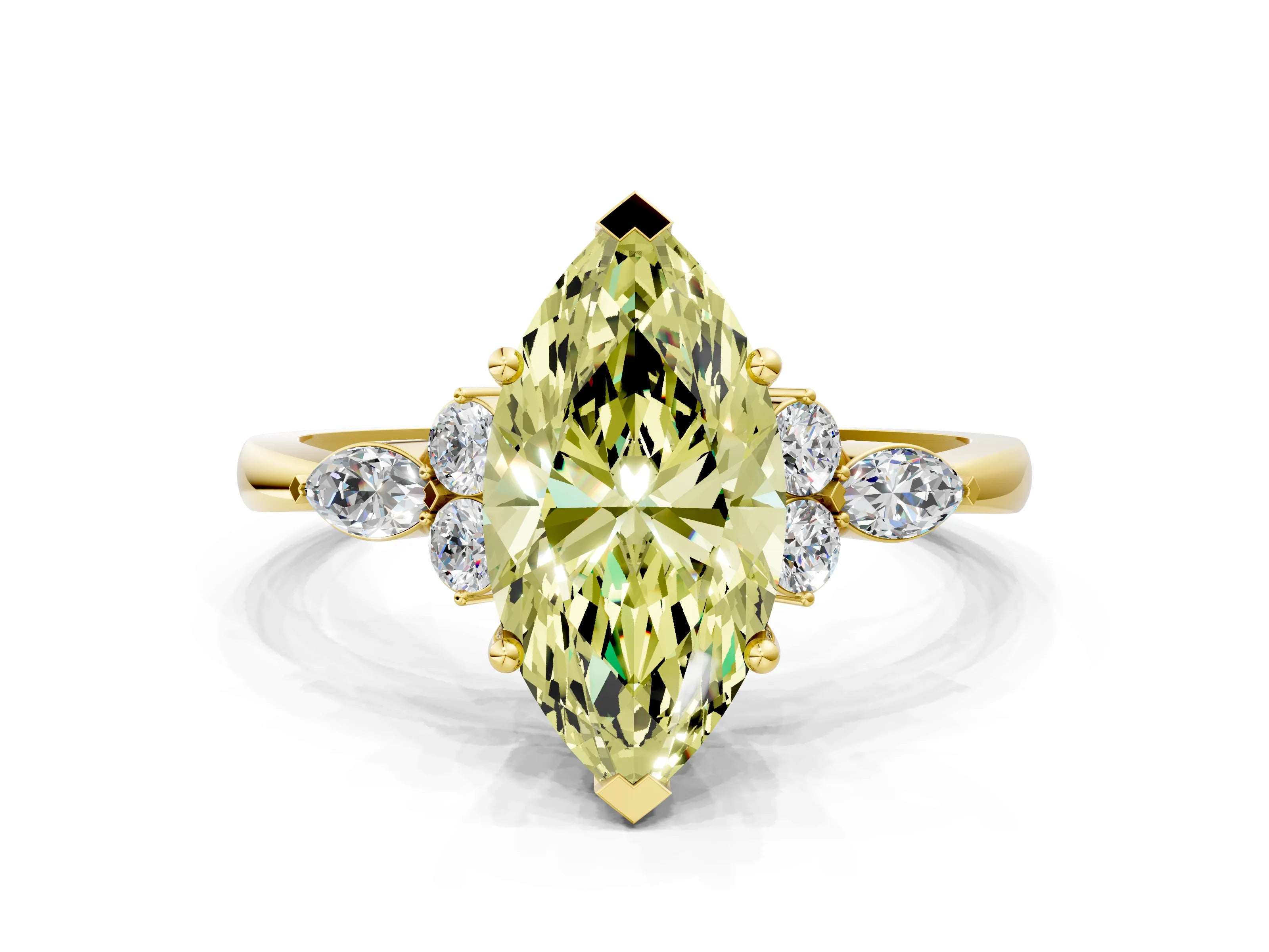 Yellow gold Fancy Yellow Marquise Cut Brilliant Diamond Solitaire Ring with Pear Side Stones and Four-Prong Setting_3