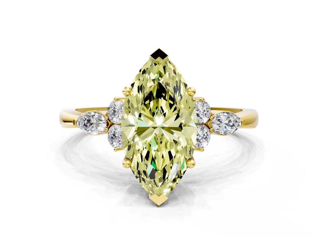 Yellow gold Fancy Yellow Marquise Cut Brilliant Diamond Solitaire Ring with Pear Side Stones and Four-Prong Setting_3