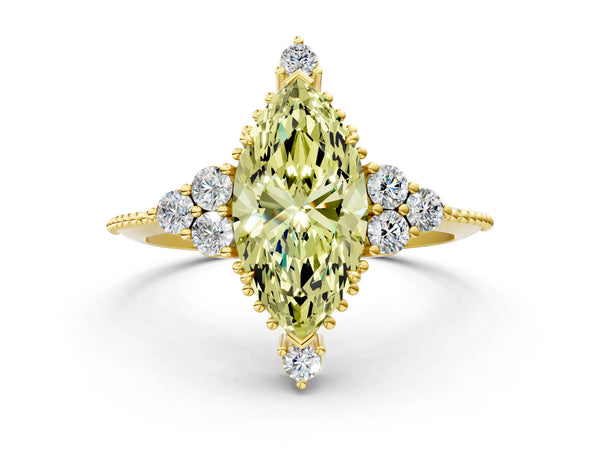 Yellow gold Fancy Yellow Marquise Cut Brilliant Diamond with Cluster Setting on a Beaded Band and Four-Prong Setting