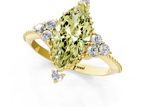 Yellow gold Fancy Yellow Marquise Cut Brilliant Diamond with Cluster Setting on a Beaded Band and Four-Prong Setting