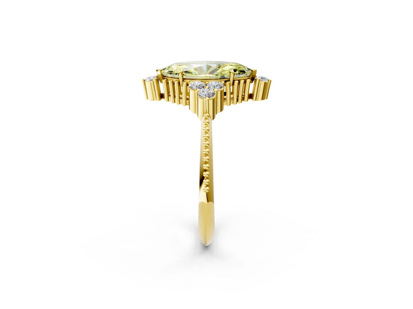 Yellow gold Fancy Yellow Marquise Cut Brilliant Diamond with Cluster Setting on a Beaded Band and Four-Prong Setting