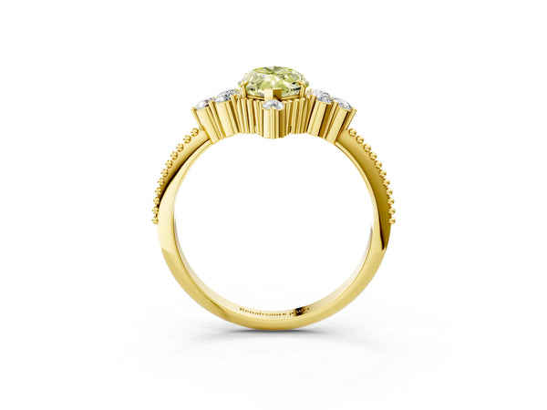 Yellow gold Fancy Yellow Marquise Cut Brilliant Diamond with Cluster Setting on a Beaded Band and Four-Prong Setting