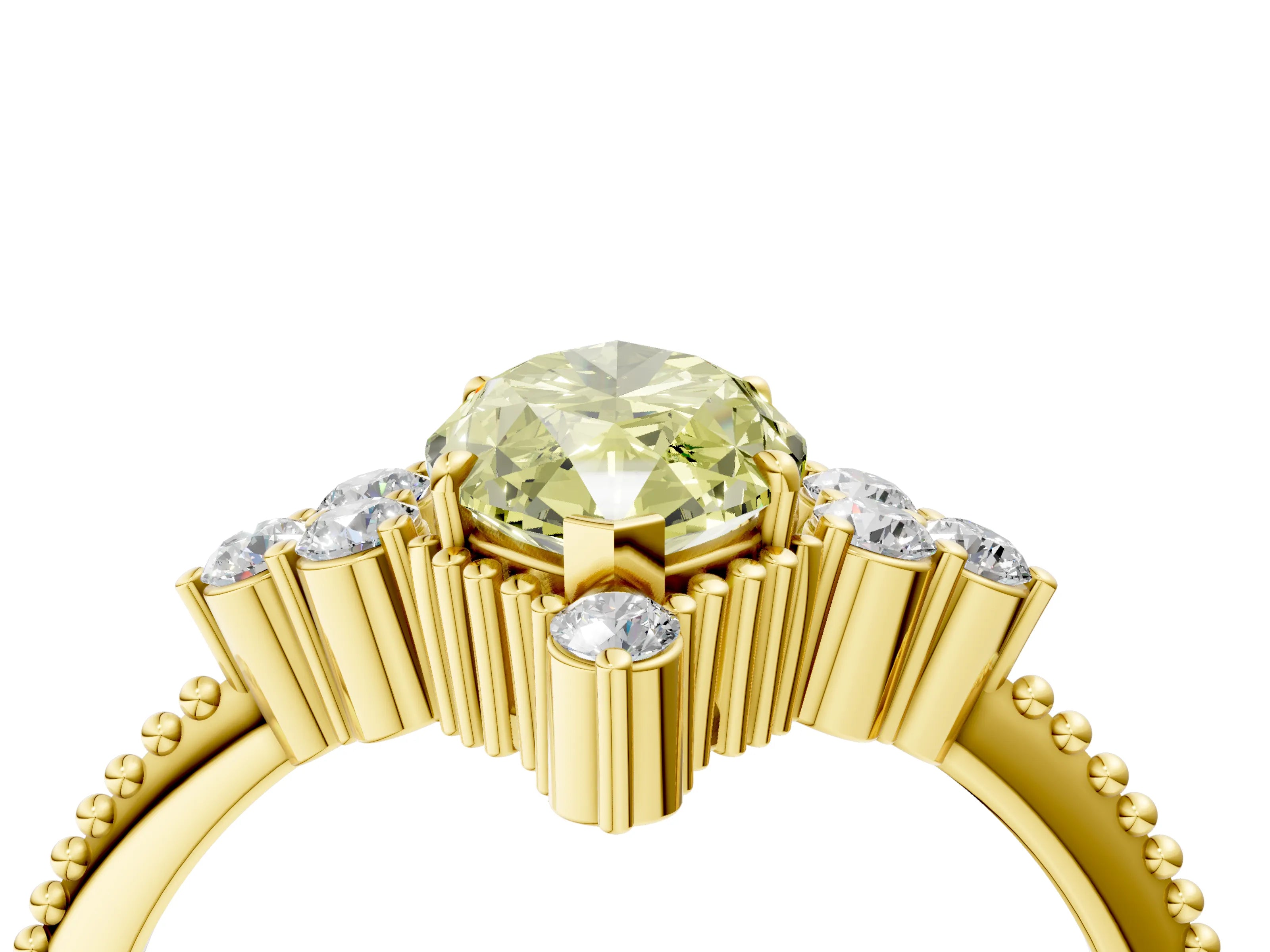 Yellow gold Fancy Yellow Marquise Cut Brilliant Diamond with Cluster Setting on a Beaded Band and Four-Prong Setting_4
