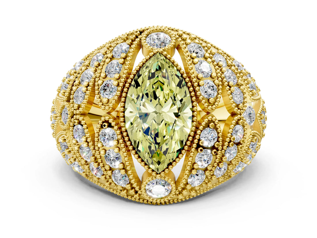 Yellow gold Fancy Yellow Marquise Cut Brilliant Halo Pave Diamond Milgrain Ring