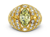 Yellow gold Fancy Yellow Marquise Cut Brilliant Halo Pave Diamond Milgrain Ring