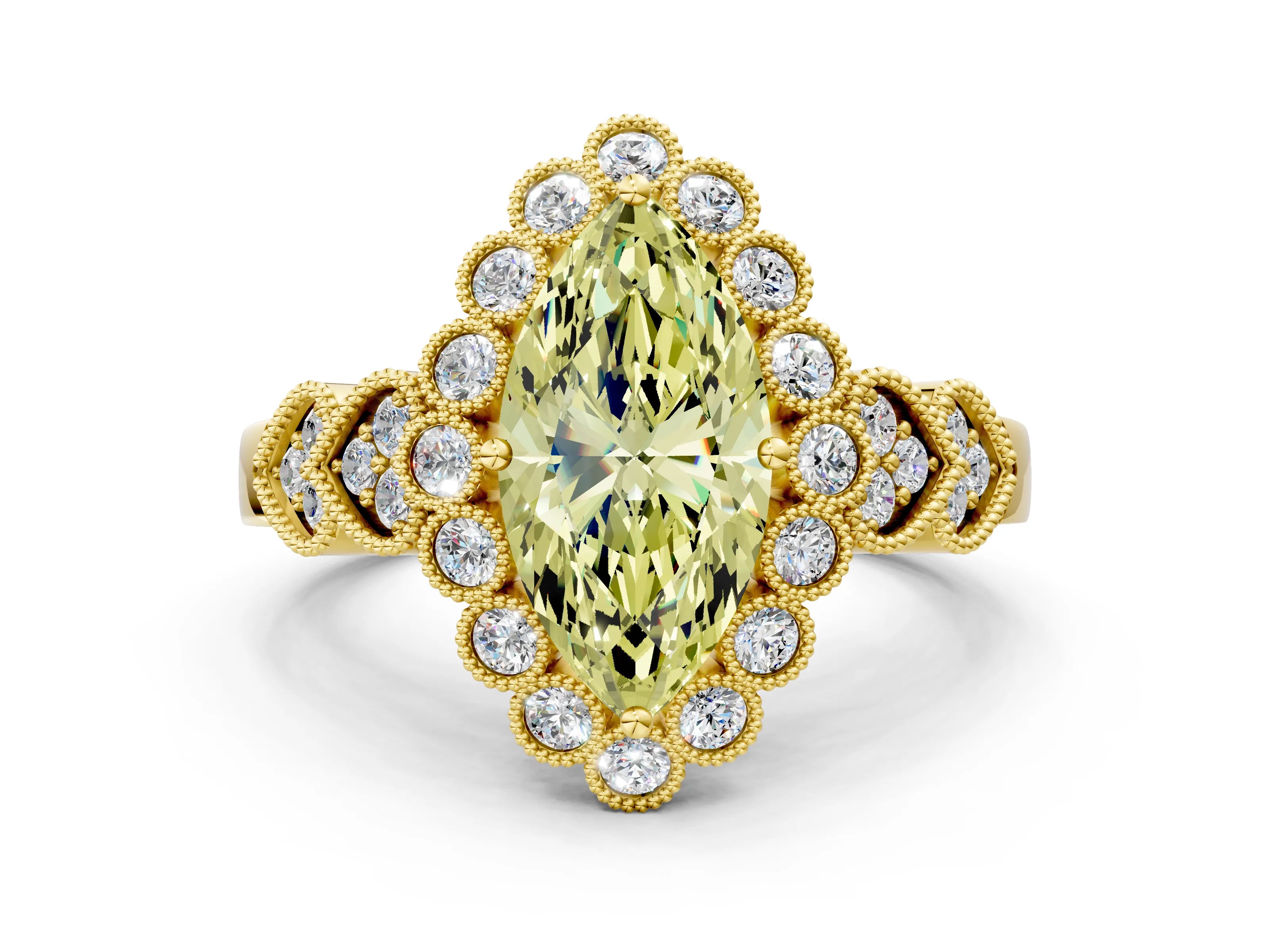 Yellow gold Fancy Yellow Marquise Cut Brilliant Milgrain Pave Heart Band Solitaire Ring