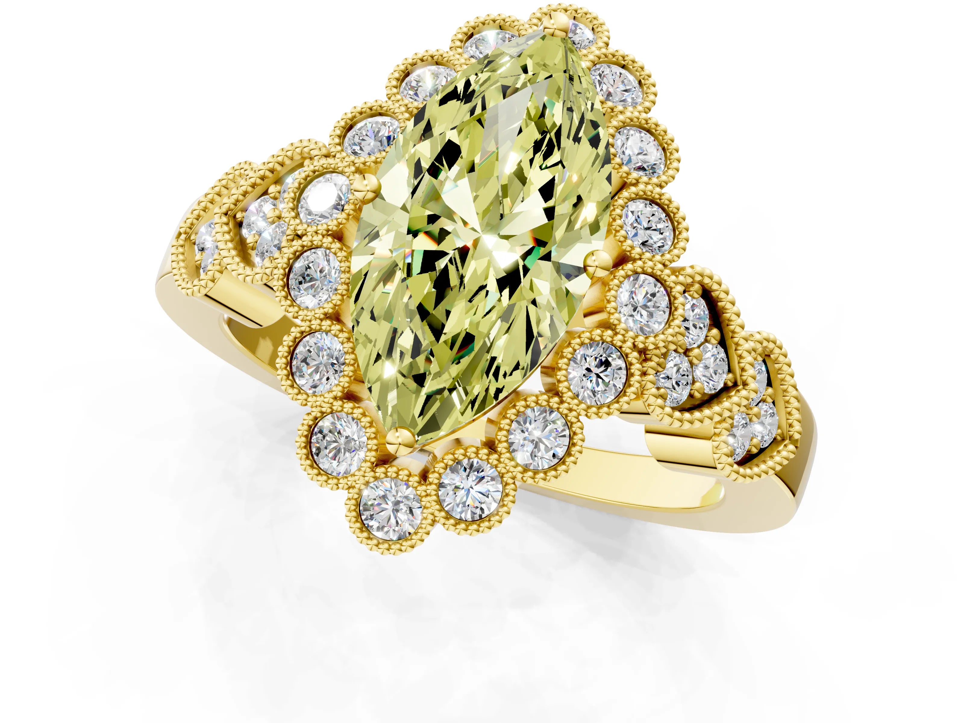 Yellow gold Fancy Yellow Marquise Cut Brilliant Milgrain Pave Heart Band Solitaire Ring_1