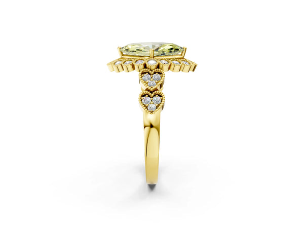 Yellow gold Fancy Yellow Marquise Cut Brilliant Milgrain Pave Heart Band Solitaire Ring