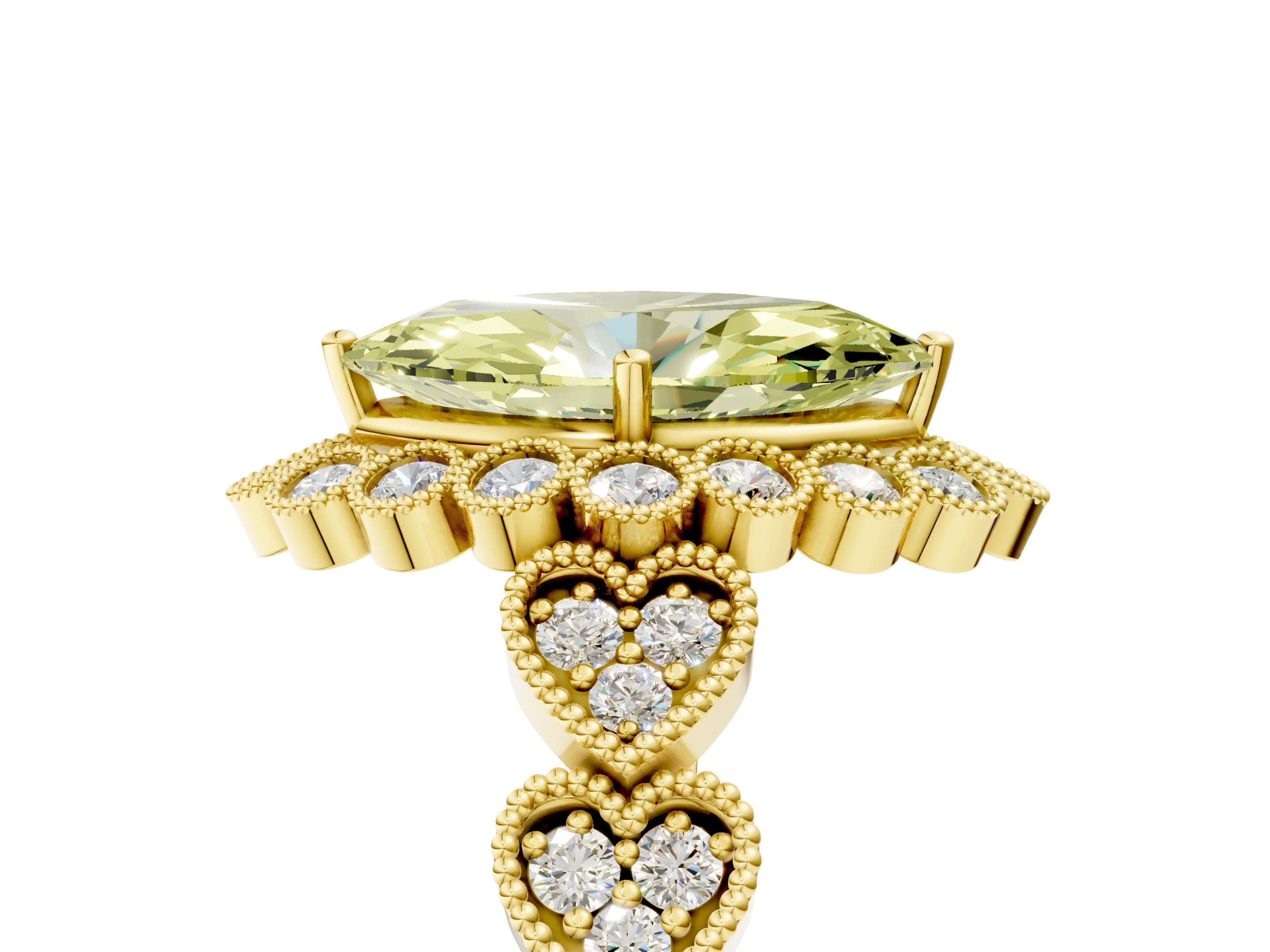 Yellow gold Fancy Yellow Marquise Cut Brilliant Milgrain Pave Heart Band Solitaire Ring_5