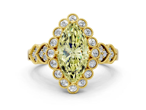 Yellow gold Fancy Yellow Marquise Cut Brilliant Milgrain Pave Heart Band Solitaire Ring