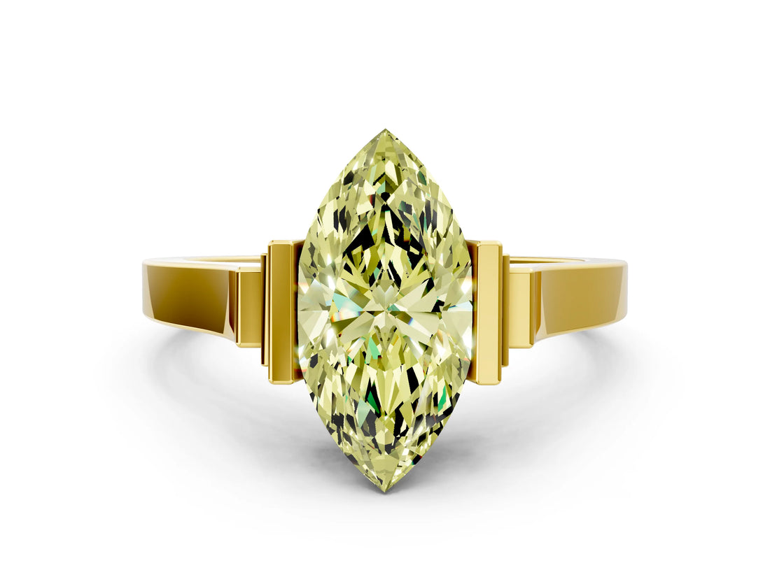 Yellow gold Fancy Yellow Marquise Cut Brilliant Solitaire Diamond Ring with Channel Set Band and Bar Prong Setting_12