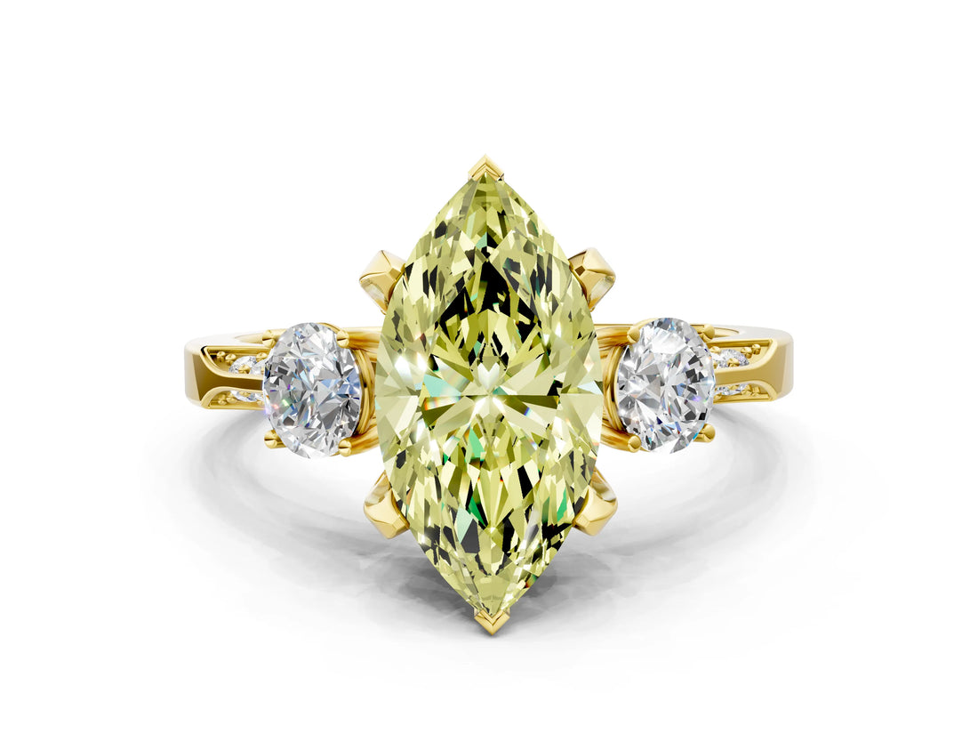 Yellow gold Fancy Yellow Marquise Cut Brilliant Three-Stone Diamond Ring with Pavé Band and Four-Prong Setting_3