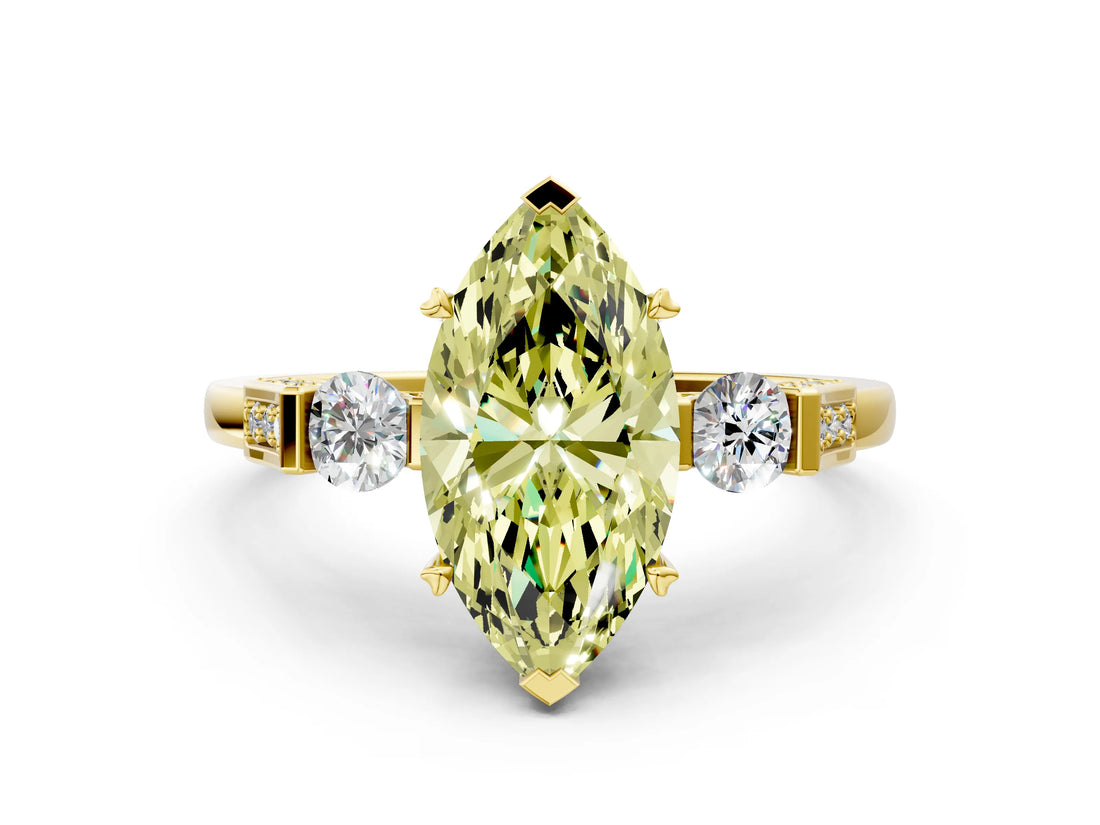 Yellow gold Fancy Yellow Marquise Cut Brilliant Three-Stone Pave Band with Four-Prong Setting