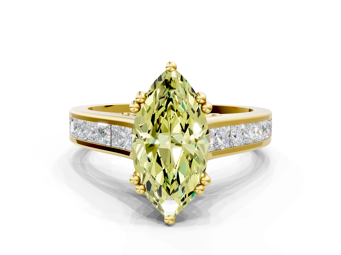 Yellow gold Fancy Yellow Marquise  Cut Channel Set Solitaire Engagement Ring with Prong Setting