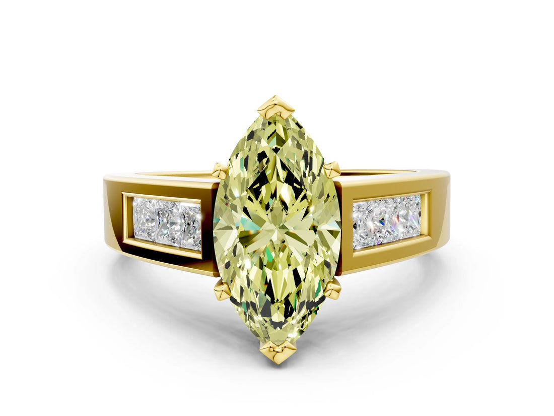 Yellow gold Fancy Yellow Marquise Cut Cut Channel Set Solitaire Ring with Four-Prong Setting