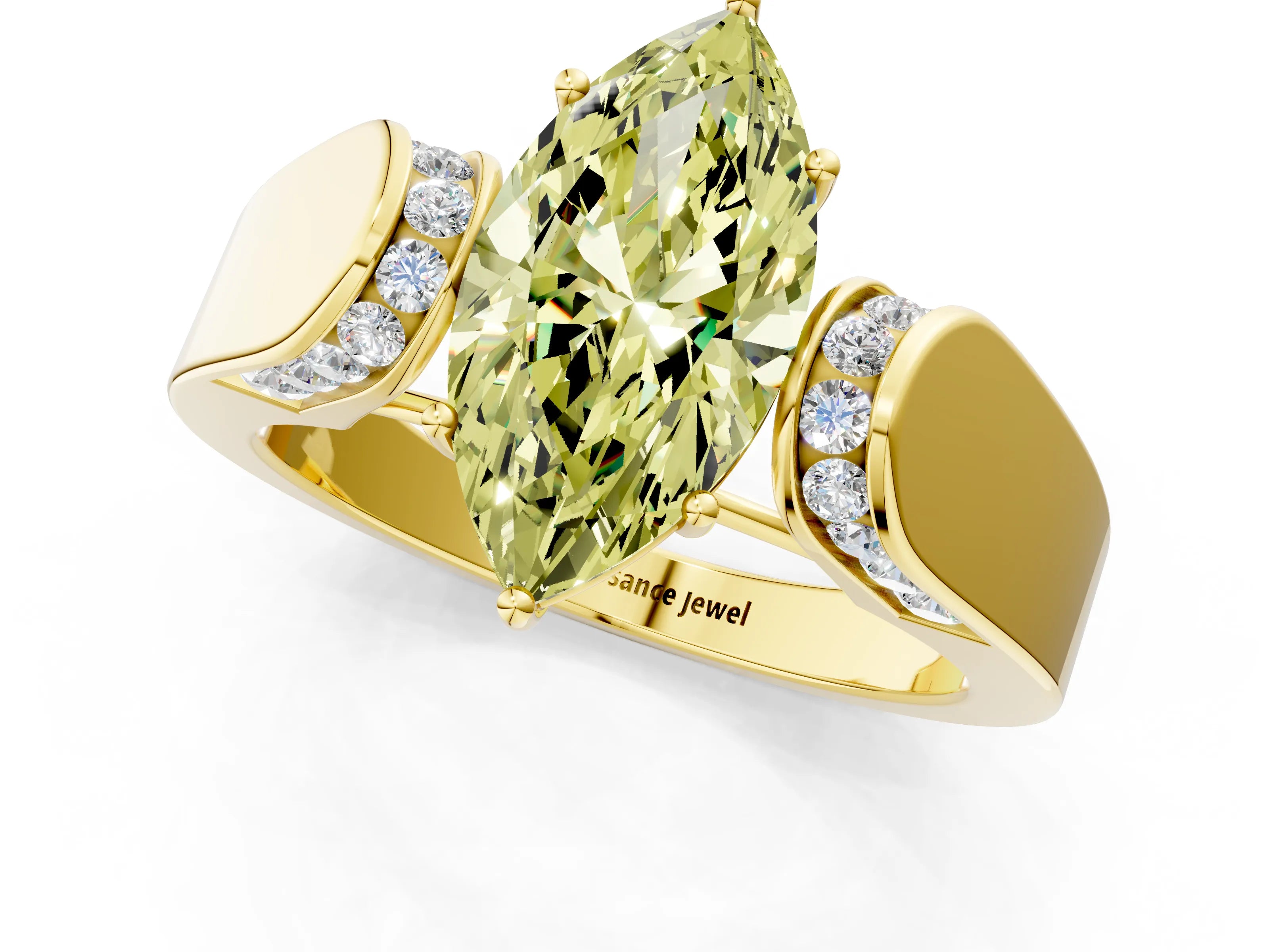 Yellow gold Fancy Yellow Marquise Cut Cut Diamond Channel Set Solitaire Ring with Four-Prong Setting_1
