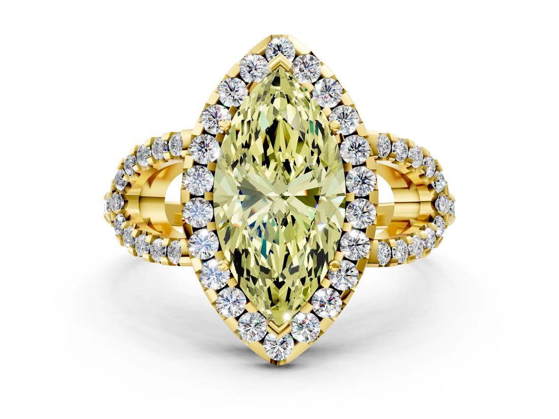 Yellow gold Fancy Yellow Marquise Cut Cut Diamond Halo Engagement Ring with Open Split Pavé Band