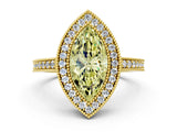 Yellow gold Fancy Yellow Marquise Cut-Cut Diamond Halo Engagement Ring with Pave Band and Prong Setting