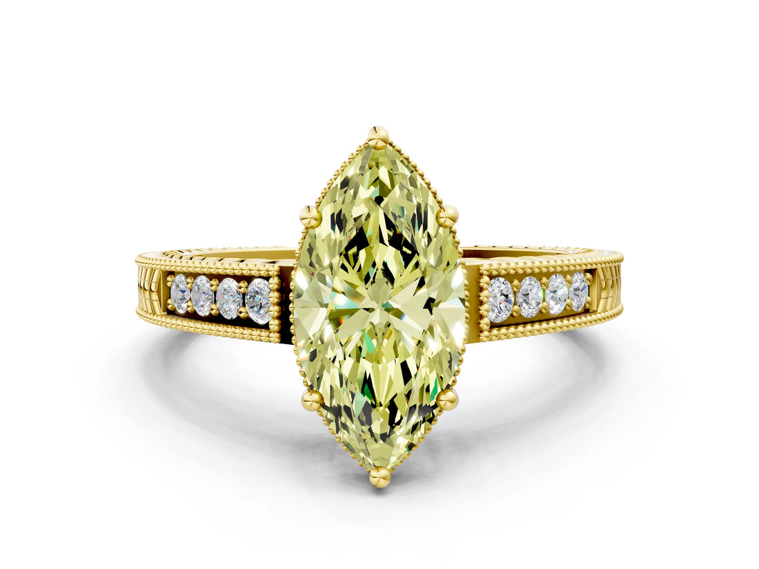 Yellow gold Fancy Yellow Marquise Cut Cut Diamond Milgrain Pave Band Four-Prong Setting Ring_3