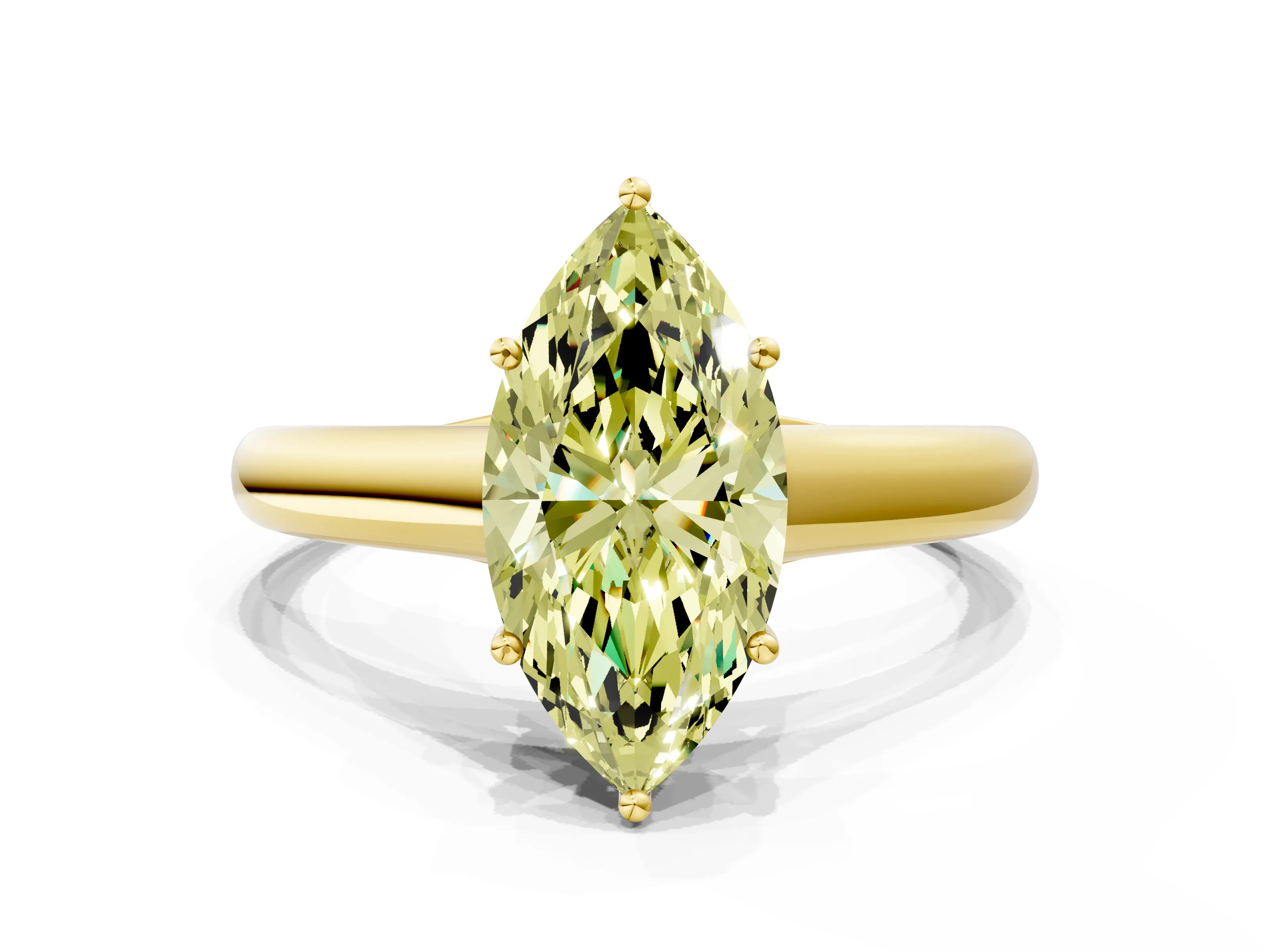 Yellow gold Fancy Yellow Marquise Cut Cut Diamond Solitaire Engagement Ring with Tapered Plain Band and Four-Prong Setting