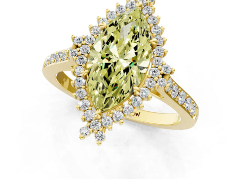 Yellow gold Fancy Yellow Marquise Cut Cut Diamond Sunburst Halo Engagement Ring with Pavé Band_13