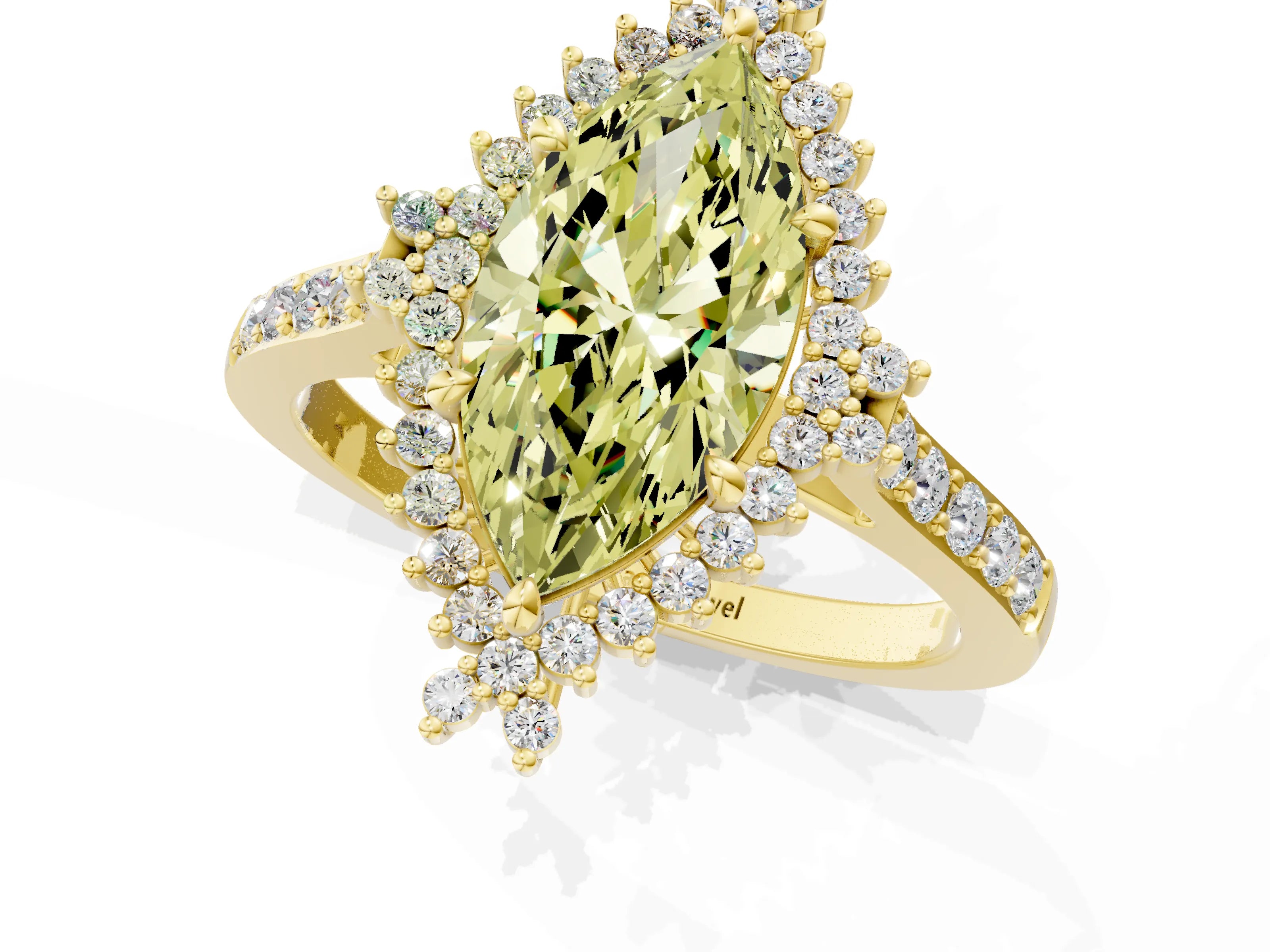 Yellow gold Fancy Yellow Marquise Cut Cut Diamond Sunburst Halo Engagement Ring with Pavé Band_25